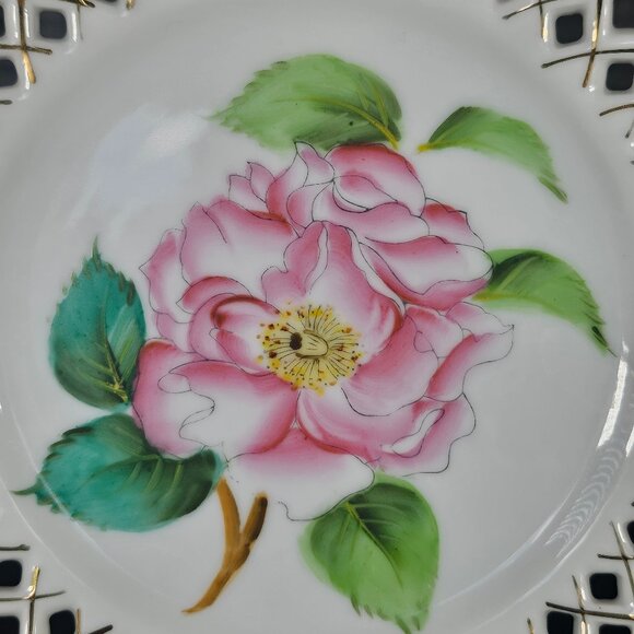 Made In Occupied Japan Decorative Rossetti Pink Floral Plate Lattice Edge - Picture 2 of 10